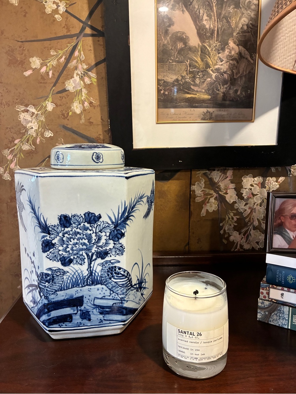 Blue and White Hexagonal Flower Bird Tea Jar